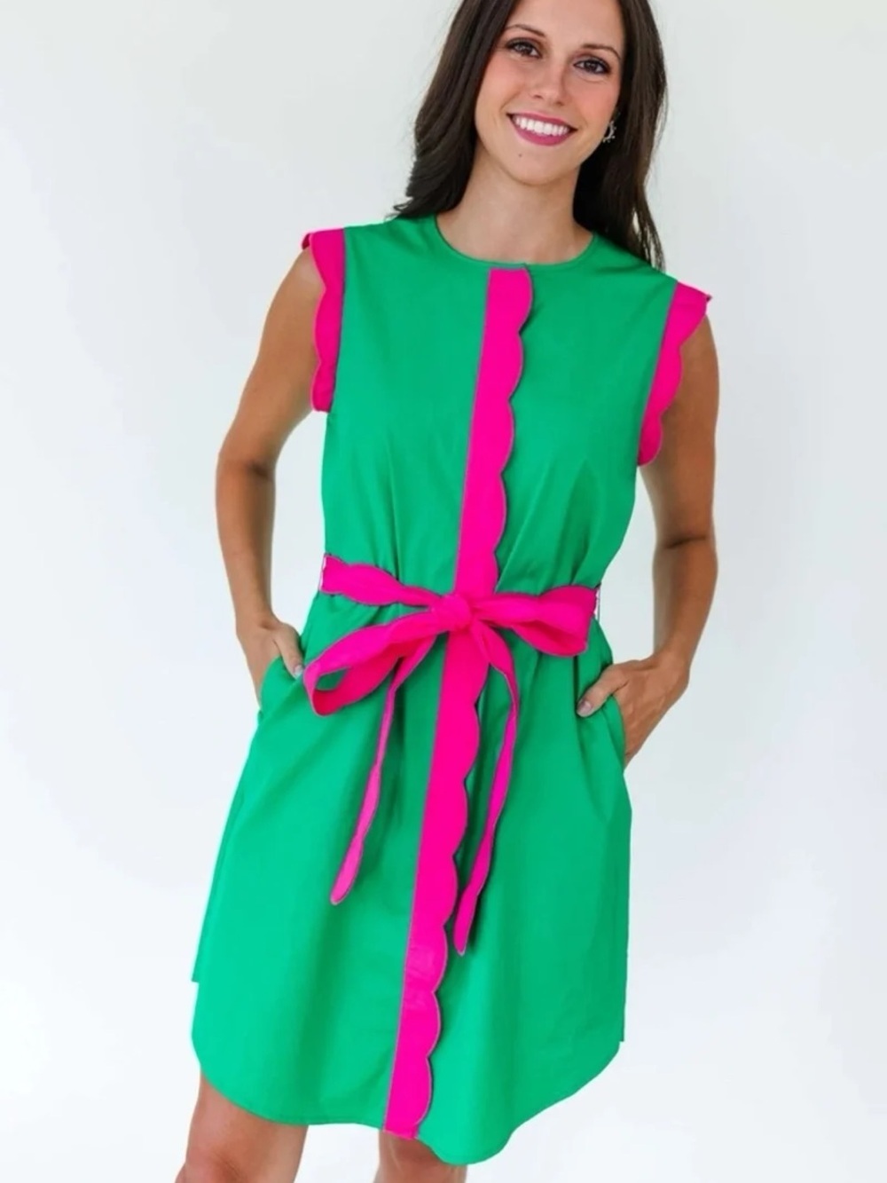 Mary George VIVIAN DRESS in Green with Pink Belted Mini Dress size Medium - Picture 5 of 12